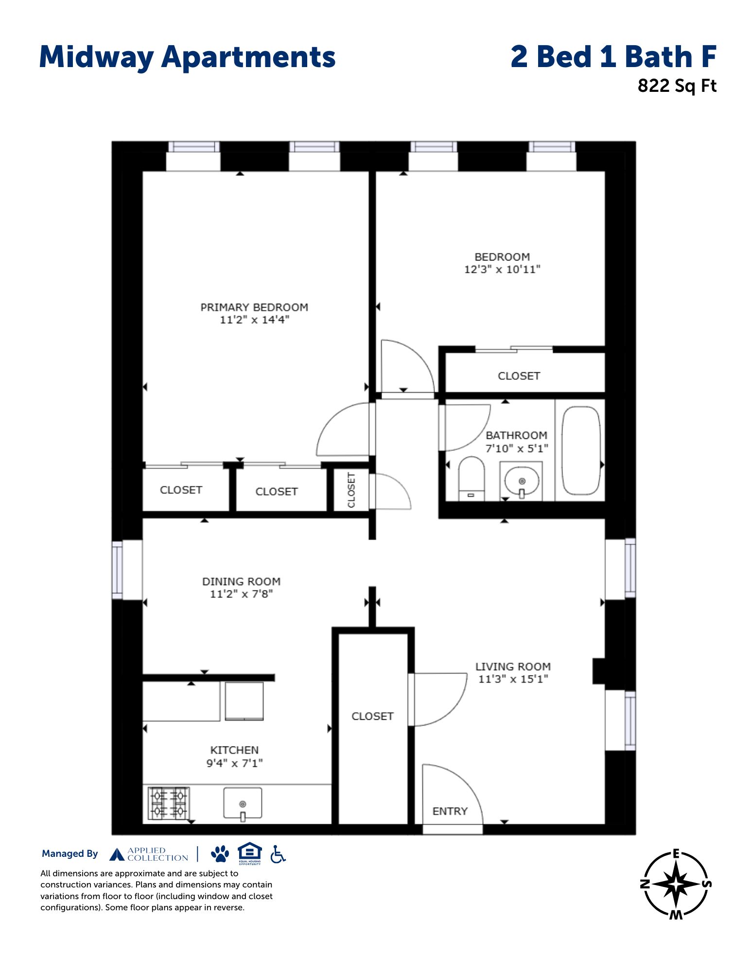 Floor plan for 2 beds, 1 bath, 822 sqft